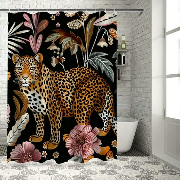 Orinice Leopard Palm Leaves Shower Curtain African Wild Animal Cheetah Tropical Leaf Jungle Leopard Tiger Pink Fabric Bathroom Curtain Sets with Hooks 36x72