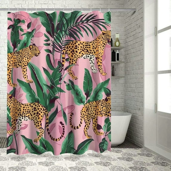 Orinice Leopard Palm Leaves Shower Curtain Cheetah Tropical Jungle Animal Wildlife Tiger Big Cat Boho Aesthetic Minimalist Modern Art Fabric Bathroom Decor Curtains with Hooks,Pink Yellow Green 60x72