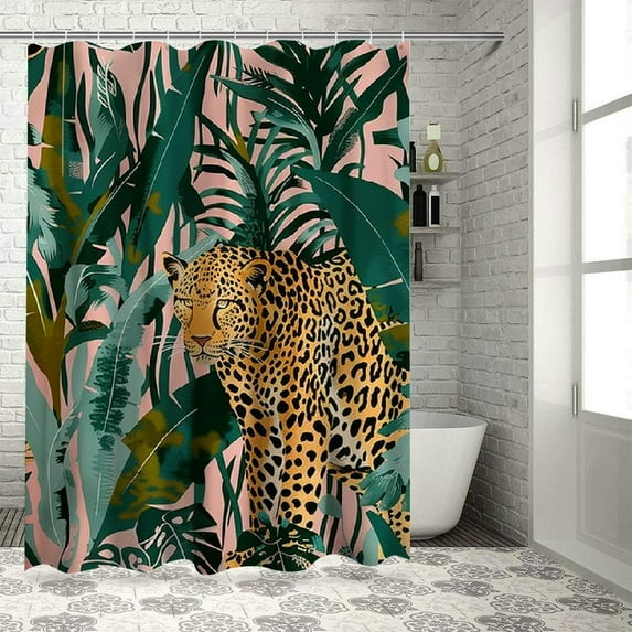 Orinice Leopard Shower Curtain Wildlife Animal Leopard Asian Pink Cheetah Tiger Tropical Palm Leaf Jungle Rainforest Bathroom Home Decor with Hooks, 69x72