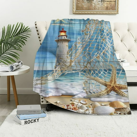 Orinice Lighthouse Beach Shells Warm Lightweight Blanket Soft Fleece Throw Blanket for All Seasons, Ideal Gifts for Cow Lovers, Living Rooms Sofa Decor, Multiple Sizes Available 40x50in