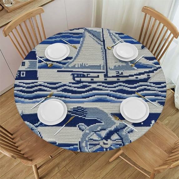 Orinice Lighthouse Ship Seagull Round Table Cover Stain Resistant Washable Indoor Outdoor Tablecloth Kitchen Dining Wedding Parties 100% Polyester Fiber 38-42