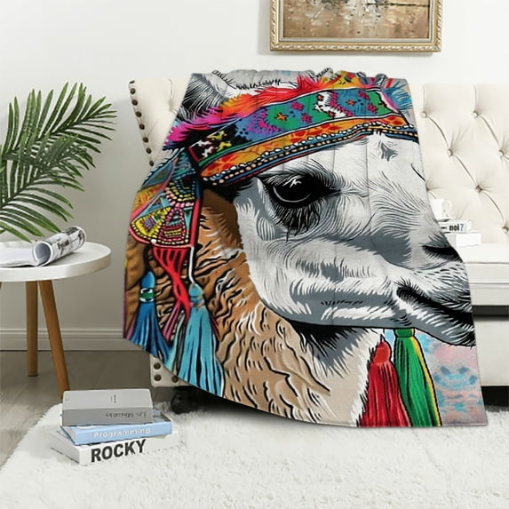 Orinice Llama Colorful Headdress Tassel Warm Lightweight Blanket Soft Fleece Blankets Throw Blanket Living Rooms Sofa Decor Cow Gifts All Seasons 40x50in