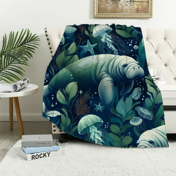 Orinice Manatees Jellyfish Aquatic Plants Warm Lightweight Blanket Soft Fleece Blankets Throw Blanket for All Seasons Living Rooms Sofa Decor Cow Gifts Blanket 60x80in
