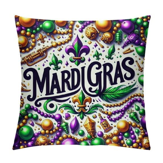 Orinice Mardi Gras Throw Pillow Cushion Cover, Vivid Beads Circular Frame with Lettering Traditional Patterns Print, Decorative Square Accent Pillow Case, White