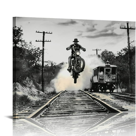 Orinice Master Vintage Motorcycle Jumping Canvas Wall Art Retro Old Train Bike Lovers - Great Decoration of the Man's Cave, 20x16in