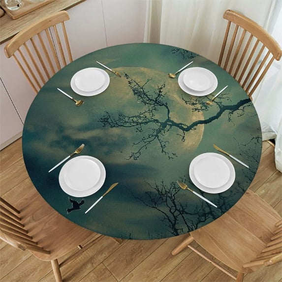 Orinice Moon Bird Trees Round Table Cover Stain Resistant Washable Indoor Outdoor Tablecloth Kitchen Dining Wedding Parties 100% Polyester Fiber 31-35