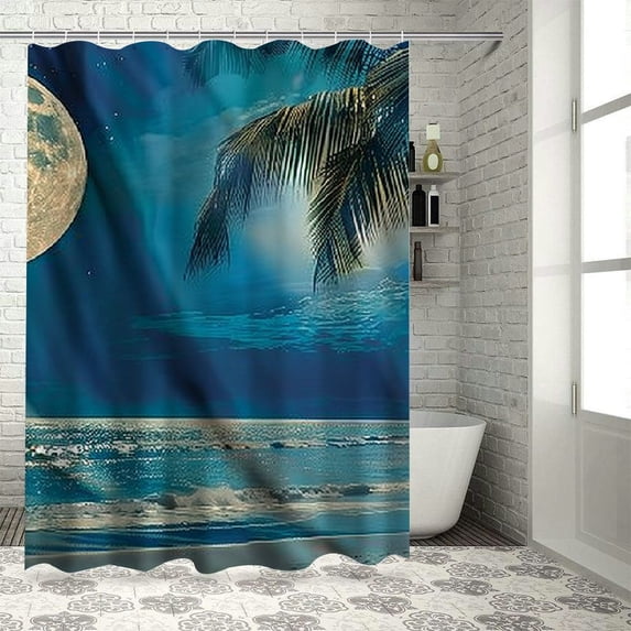 Orinice Moon Palm Trees Beach Bathroom Decor Set with Hooks, Colorful Luxurious Graphic Print Polyester Fabric Washable Shower Curtain, Waterproof Shower Curtain for Bathroom Decoration 36x72
