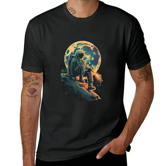Orinice Moon Space Art Graphic Tees Funny Men's Novelty Casual Letter Graphic Crewneck T-Shirt L
