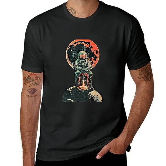 Orinice Moon Space Suit Men's T-Shirt Novelty Casual Graphic Crewneck Tee 5XL