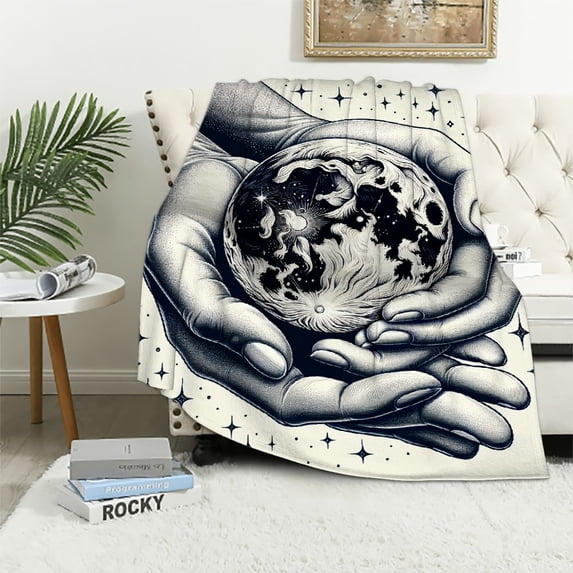 Orinice Moon Stars Hands Warm Lightweight Blanket Soft Fleece Throw Blanket for All Seasons - Living Room Sofa Decor Cow Gifts Blanket, Long-lasting Soft Plush Blankets 50x60in