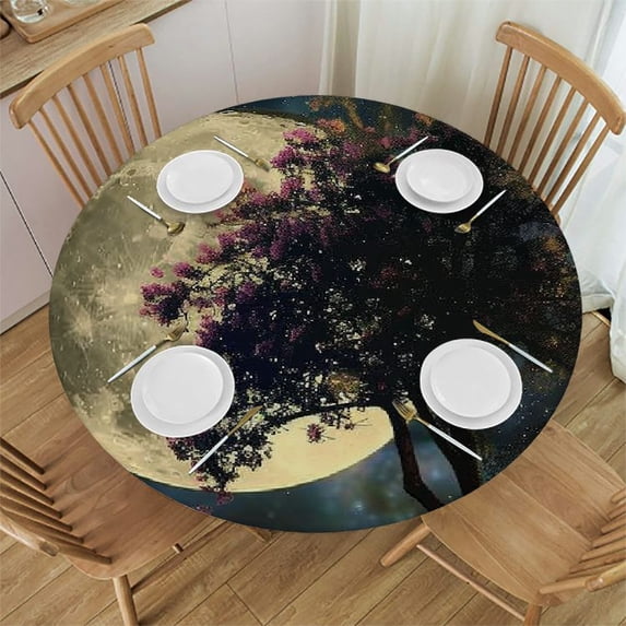 Orinice Moon Stars Tree Round Table Cover Stain Resistant Washable Indoor Outdoor Tablecloth Kitchen Dining Wedding Parties 100% Polyester Fiber 38-42