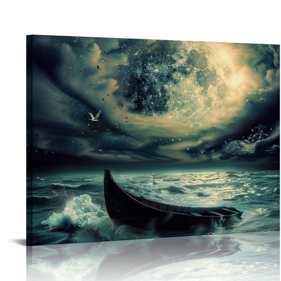 Orinice Moonlight Boat Birds Fine Art Aesthetic Poster & Print Wall Painting for Home Decor 16x12in