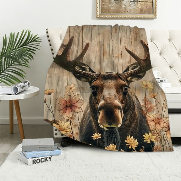 Orinice Moose Blanket Gifts for Adults Kids Soft Warm Lightweight Cozy Vintage Wooden Animal Floral Throw Blankets for Bed Sofa Couch Living Room Decor 50x60in