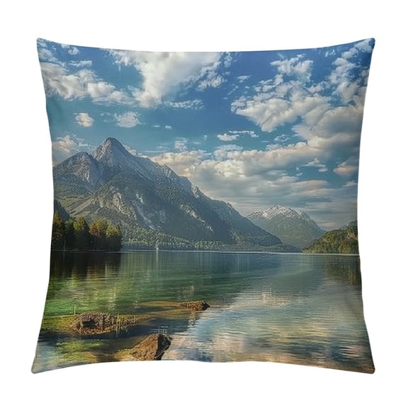 Orinice Mountain Lake Sky Clouds Graphic Decorative Cushion Throw Pillow Cover Short Plush Zipper Closure 1PC 22x22in