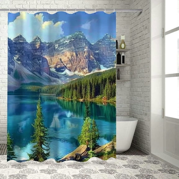 Orinice Mountain Lake Trees Rocks Bathroom Decor Set with Hooks 100% Polyester Fabric Shower Curtain Set 60x72
