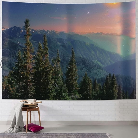 Orinice Mountain Range Full Moon Trees Tapestry Wall Hanging Unique Style Graphic Tapestries Home Decor for Living Room Bedroom Dorm 60x50inch