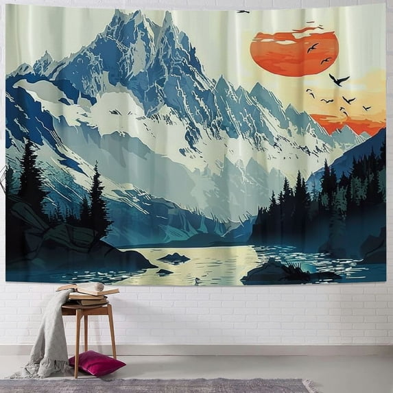 Orinice Mountains Birds Lake Tapestry Wall Hanging Unique Style Graphic Tapestries Home Decor for Living Room Bedroom Apartment Farmhouse Dorm 50x40inch