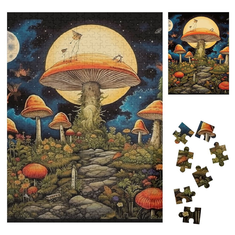 Orinice Mushroom Butterflies Full Moon Wooden Jigsaw Puzzle Vertical ...