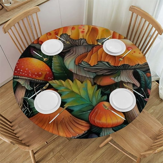Orinice Mushrooms Leaves Forest Round Table Cover Stain Resistant Washable Indoor Outdoor Tablecloth Kitchen Dining Wedding Parties Waterproof 100% Polyester Fiber 54-58
