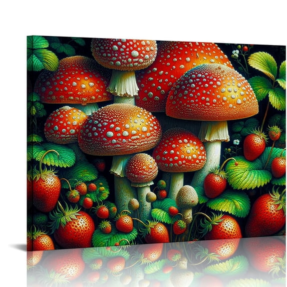 Orinice Mushrooms Strawberries Foliage Fine Art Aesthetic Poster & Print Wall Painting for Home Decor 20x16in