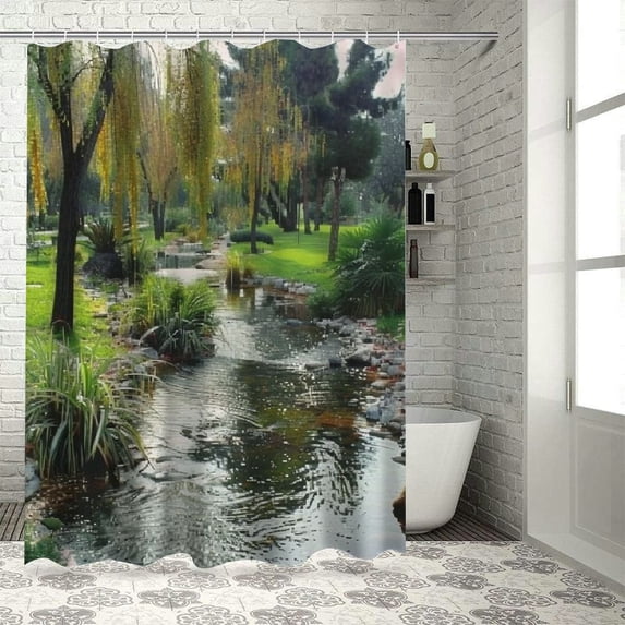 Orinice Nature Garden Shower Curtain, Green Forest Plants, River, Country View, Bathroom Decorating, Fabric Curtains with Hooks 69x72