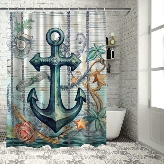 Orinice Nautical Anchor Shower Curtain Beach Theme Starfish Seashell Nautical Rustic Ocean Sea Blue Wooden Vintage Retro Coastal Summer Bathroom Decor Set with Hooks 60x72