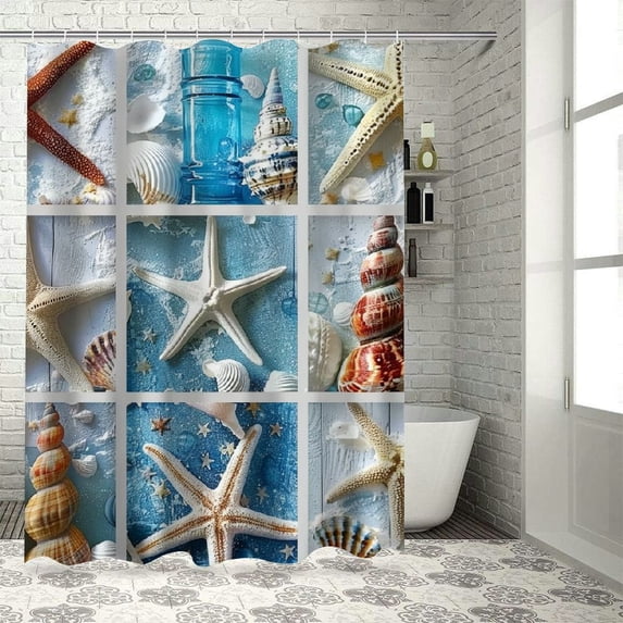 Orinice Nautical Beach Shower Curtain Sets with Non-Slip Rugs, Toilet Lid Cover and Bath Mat, Ocean Coastal Shower Curtain with 12 Hooks Starfish Bathroom Decor Sets 60x72