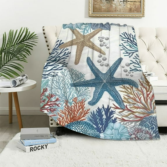 Orinice Nautical Coastal Blanket Starfish Seashell Coral Beach Themed Throw Blankets Gifts for Adults Sea Ocean Theme Lightweight Soft Fleece Cozy for Sofa Couch Bed Room Birthday Decor 50x60in