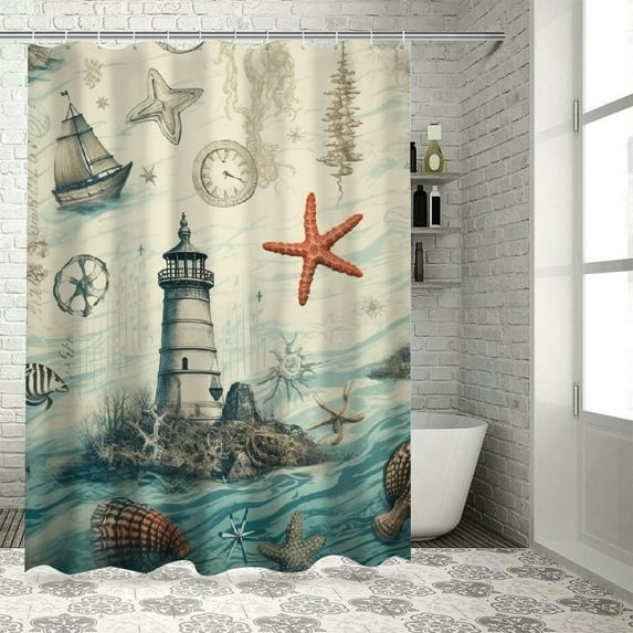 Orinice  Nautical Coastal Shower Curtain Ocean Beach Starfish Seashell Vintage Sailboat Compass Lighthouse Seahorse Artwork Cloth Waterproof Polyester Bathroom Decor Set with 12 Pack Hooks 69x72
