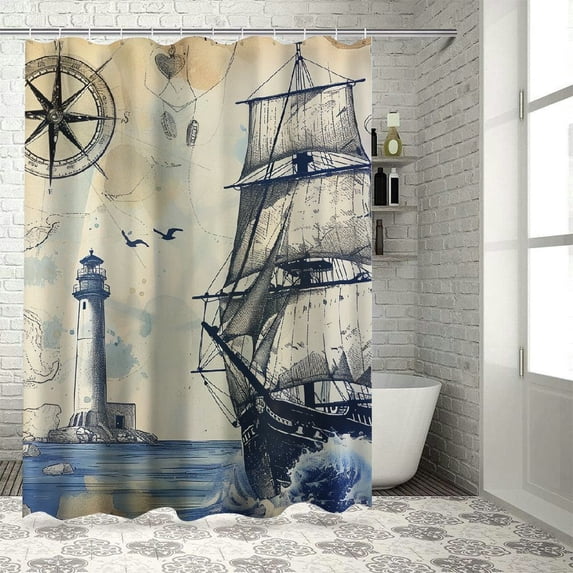 Orinice Nautical Lighthouse Shower Curtain Sets, Sailboat Coastal Compass Anchor Bathroom Decor with Non-Slip Rugs, Toilet Lid Cover and Bath Mat, Waterproof Shower Curtains with 12 Hooks, 36x72