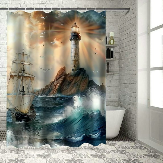 Orinice Nautical Lighthouse Shower Curtain Vintage Sunset Ocean Pirate Ship Sea Wave Sailboat Coastal Seagull Stone Bathroom Decor Fabric Curtains with Hook  69x72