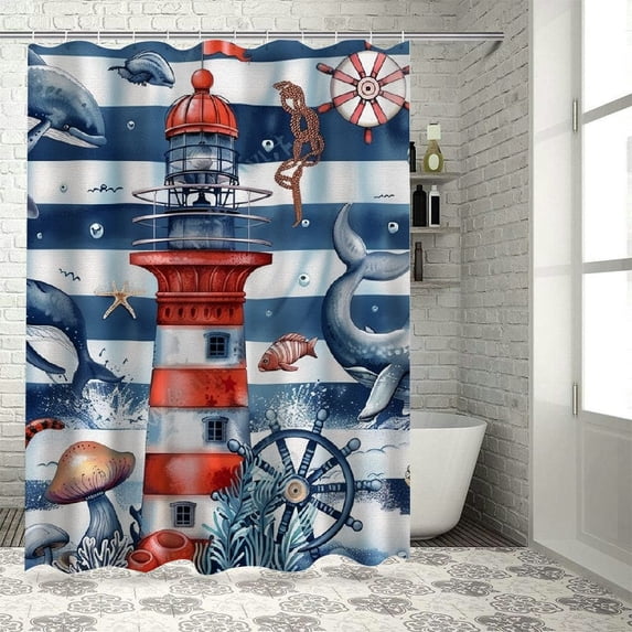 Orinice Nautical Ocean Shower Curtain Sets with Rugs Funny Marine Life and Lighthouse Saioat Fabric Shower Curtain with Hooks Navy Blue and White Striped Bathroom Curtains Shower Set, 60x72