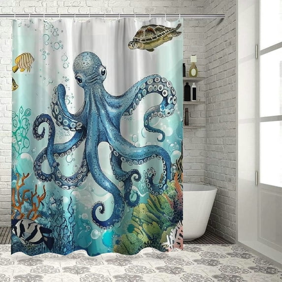 Orinice Nautical Octopus Sea Turtle Shower Curtain Ocean Beach Coastal Coral Reef Watercolor Polyester Bathroom Curtain with Hooks, 60x72