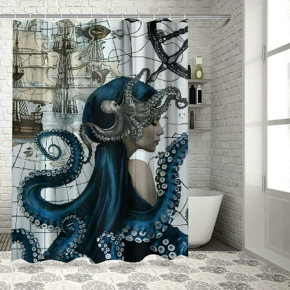 Orinice Nautical Octopus Shower Curtain Cool Ocean Kraken Tentacle Mermaid Sailboat Pirate Theme Retro Underwater Marine Life Bathroom Decor Set with Non-Slip Floor Mat 69x72