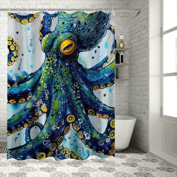 Orinice Nautical Octopus Shower Curtain, Funny Blue Ocean Animal Octopus Kraken Fabric Shower Curtains Set for Kids Boys Men Bathroom Decoration with Hooks 69x72