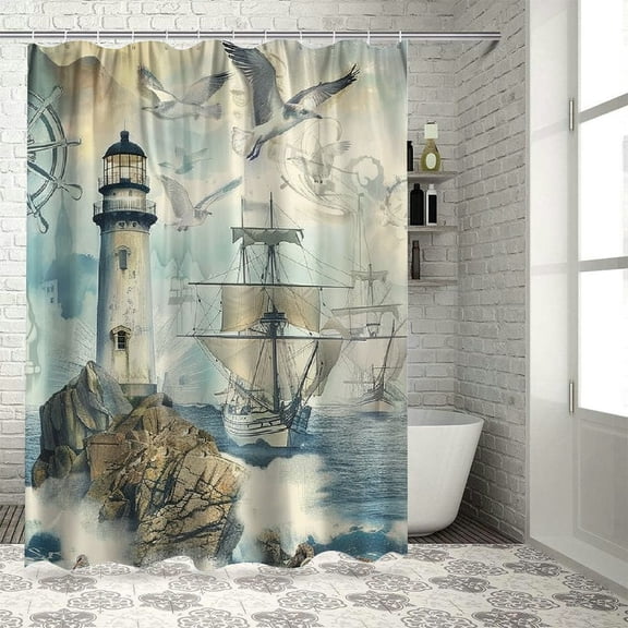 Orinice  Nautical Shower Curtain Ocean Beach Lighthouse Sailboat Compass Anchor Vintage Map Bathroom Decor Curtains Set with Hooks,  60x72