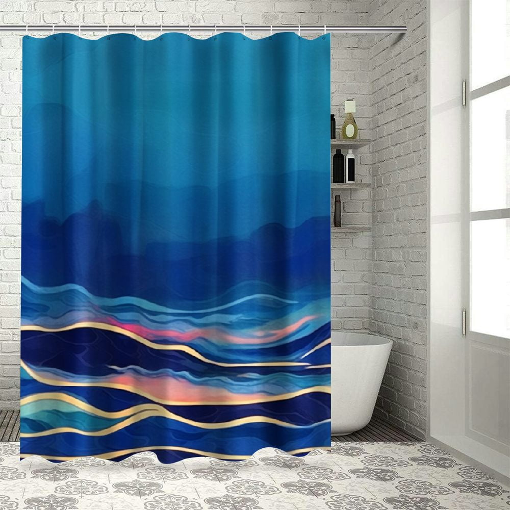 Orinice Navy Blue Golden Sea Bathroom Set with Shower Curtain and Rugs and Accessories, Ocean ...