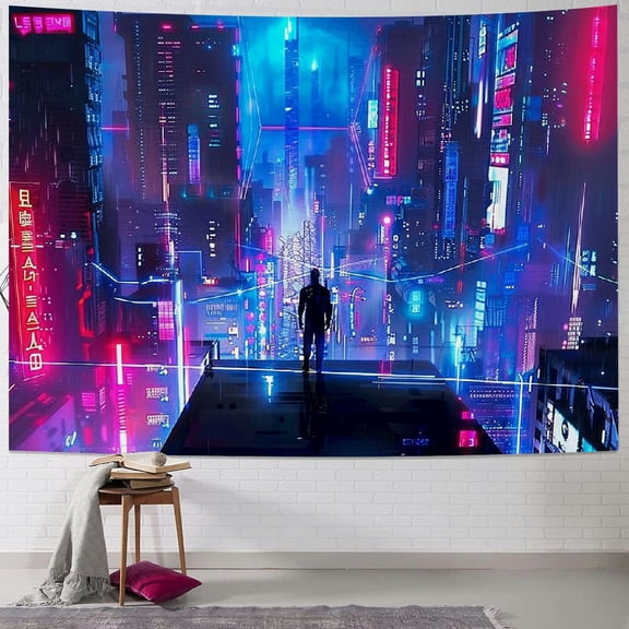 Orinice  Neon Night Tapestry Punk City Landscape Wall Hanging Art Tapestries Flannel Huge Size for Bedroom Living Room GTWHAT1013 60x50inch