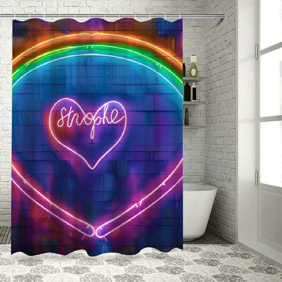 Orinice Neon Sign Rainbow Heart Transgressive Art Bathroom Decor Set with Hooks, Colorful Luxurious Graphic Print Polyester Fabric Fashion Shower Curtain Set, Washable, Multi Size 36x72