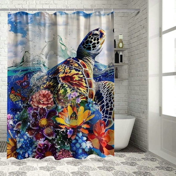Orinice Ocean Beach Sea Turtle Shower Curtain Nautical Floral Flower Turtle Shower Curtain Waterproof Fabric Turtle Bathroom Decor Curtain with Hooks 60x72