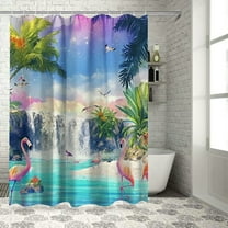 Orinice  Ocean Beach Shower Curtain, Cute Pink Flamingos Coastal Sea Shore Bathroom Decor Sets, Summer Tropical Hawaii Green Palms Tree and Floral Natural Sea View Bath Curtains with 12 Hooks, 36x72