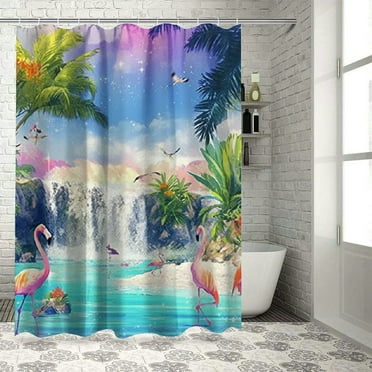 Orinice  Ocean Beach Shower Curtain, Cute Pink Flamingos Coastal Sea Shore Bathroom Decor Sets, Summer Tropical Hawaii Green Palms Tree and Floral Natural Sea View Bath Curtains with 12 Hooks, 36x72