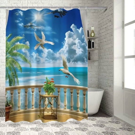 Orinice Ocean Palm Tree Shower Curtain Tropical Sea Palm Tree Blue Sky Nature Scenery Seaside Landscape Bathroom Fabric Decor Curtain with Hooks 60x72
