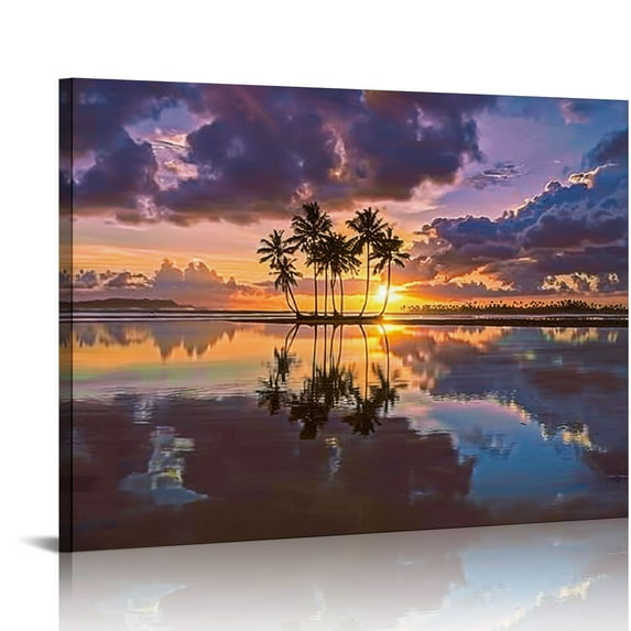 Orinice Ocean Seascape Canvas Wall Art: Coastal Sea Picture Tropical Palm Tree Theme Artwork Sunset Beach Scene Painting Print for Living Room 20x16in