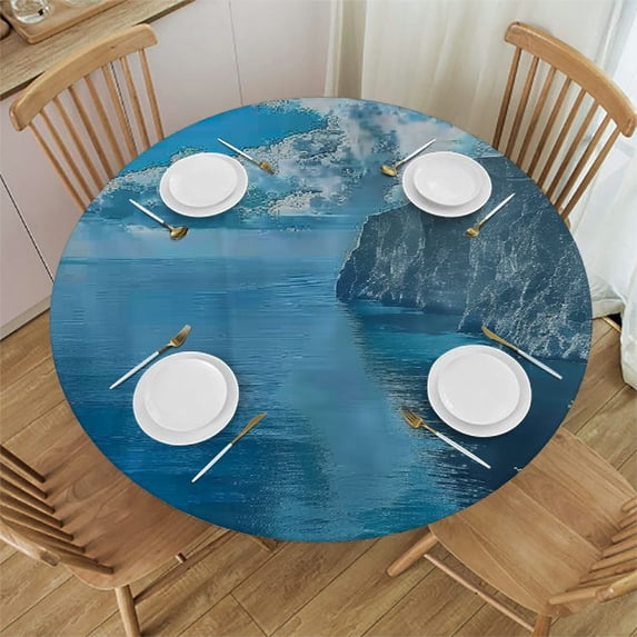 Orinice Ocean View Round Table Cover Stain Resistant Washable Indoor Outdoor Tablecloth Kitchen Dining Wedding Parties Waterproof 100% Polyester Fiber 54-58