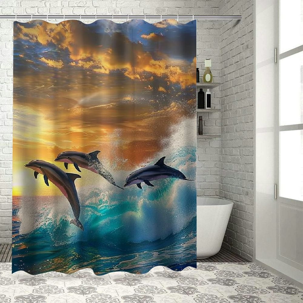 Orinice Ocean Wave Shower Curtain Blue Sea Dolphin Sunset Sky Coastal