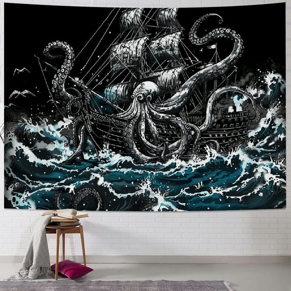 Orinice Ocean Wave Tapestry Nautical Tapestries Japanese Anime Tapestry Gothic Sailing Boat Wall Decor Black and White Octopus Tapestry Wall Hanging for Bedroom 50x40inch
