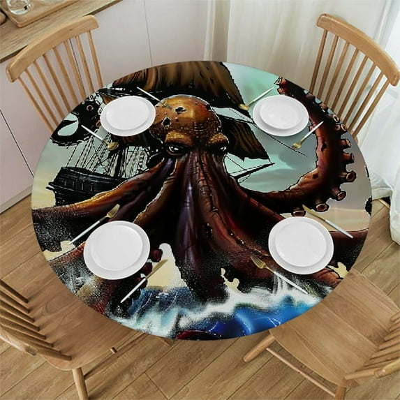 Orinice Octopus Boat Pirate Ship Round Table Cover Stain Resistant Washable Indoor Outdoor Tablecloth Kitchen Dining Wedding Parties 100% Polyester Fiber 38-42