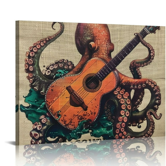 Orinice Octopus Guitar Fine Art Aesthetic Poster & Print Wall Painting for Home Office Decor 16x12in