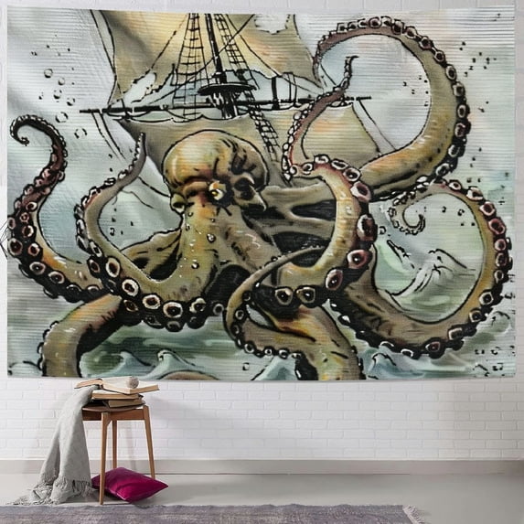 Orinice Octopus Pirate Ship Tapestry Wall Hanging Unique Style Graphic Tapestries Home Wall Decor Art for Living Room Bedroom Apartment Farmhouse Dorm 40x60inch